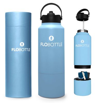 Flobottle Stainless Steel Insulated Water Bottle, 28 Oz, Leak Proof, BPA-Free with Storage Compartment (Oceana Blue)
