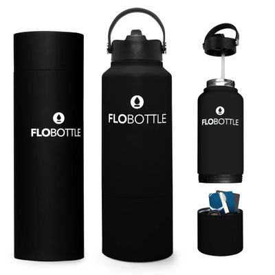 Flobottle, Stainless Steel Water Bottle with Straw, 28 Oz Insulated Water Bottle With Storage, Leak Proof Water Bottle, BPA-Free Water Bottle with Storage Compartment (Jetoro Black)