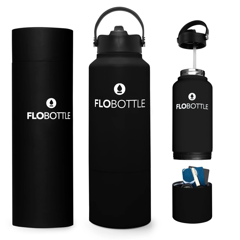 Flobottle, Stainless Steel Water Bottle with Straw, 28 Oz Insulated Water Bottle With Storage, Leak Proof Water Bottle, BPA-Free Water Bottle with Storage Compartment (Jetoro Black)