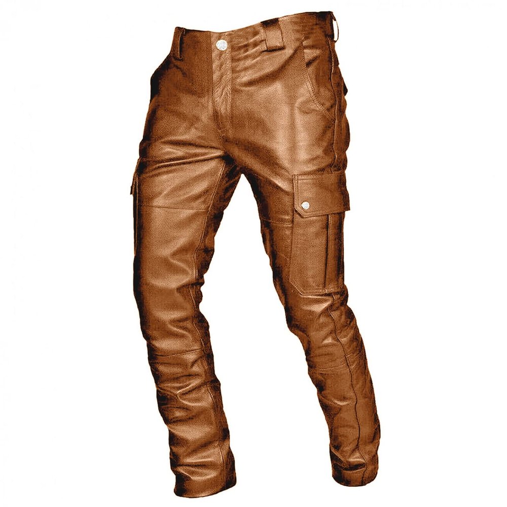 Men's Vintage Classic Leather Pants Motorcycle Motorbike Cargo Pants Steampunk Stretchy Slim Fit Biker Long Trousers Brown