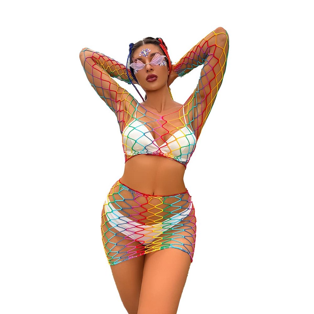 Sexy Rainbow Fishnet Cover up Dress Stretchy Swimsuit for Women Fishnet Bodysuit Sheer Mesh Bodycon Mini Skirt See Through Coverup Bikini Lingerie Sleepwear Dancewear Rainbow Skirt Set one size