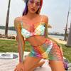 Sexy Rainbow Fishnet Cover up Dress Stretchy Swimsuit for Women Fishnet Bodysuit Sheer Mesh Bodycon Mini Skirt See Through Coverup Bikini Lingerie Sleepwear Dancewear Rainbow Skirt Set one size view 4