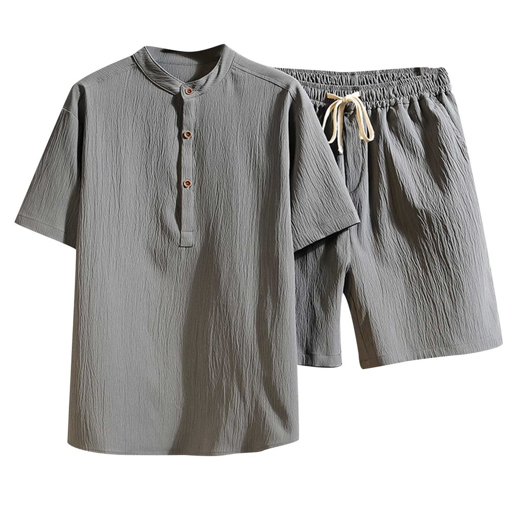 Mens 2 Pieces Sport Short Sets Casual Cotton Linen Set Activewear Short Sleeve Short Leg Summer Tracksuits Pajama Set Gray