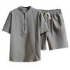 Mens 2 Pieces Sport Short Sets Casual Cotton Linen Set Activewear Short Sleeve Short Leg Summer Tracksuits Pajama Set Gray view 1