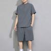 Mens 2 Pieces Sport Short Sets Casual Cotton Linen Set Activewear Short Sleeve Short Leg Summer Tracksuits Pajama Set Gray view 2