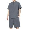 Mens 2 Pieces Sport Short Sets Casual Cotton Linen Set Activewear Short Sleeve Short Leg Summer Tracksuits Pajama Set Gray view 3