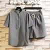 Mens 2 Pieces Sport Short Sets Casual Cotton Linen Set Activewear Short Sleeve Short Leg Summer Tracksuits Pajama Set Gray view 4