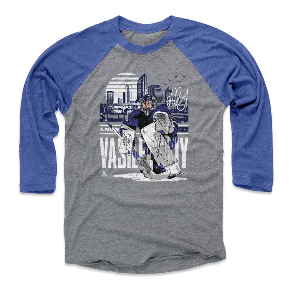 500 LEVEL Andrei Vasilevskiy 3/4 Sleeve T-Shirt (Baseball Tee, XXX-Large, Royal/Heather Gray) - Andrei Vasilevskiy Tampa Bay Player Skyline WHT