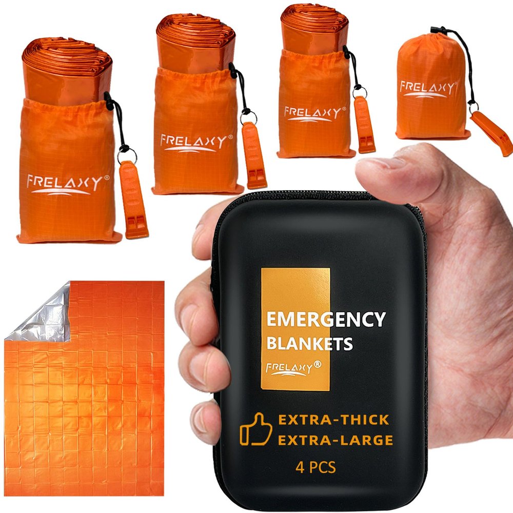 Frelaxy Emergency Blanket 2-Pack/4-Pack, Extra-Thick Extra-Large Space Blankets with Whistles, Storage Pouchs, and EVA case