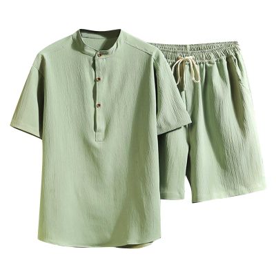 Mens 2 Pieces Sport Short Sets Casual Cotton Linen Set Activewear Short Sleeve Short Leg Summer Tracksuits Pajama Set Green