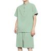 Mens 2 Pieces Sport Short Sets Casual Cotton Linen Set Activewear Short Sleeve Short Leg Summer Tracksuits Pajama Set Green view 3