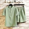 Mens 2 Pieces Sport Short Sets Casual Cotton Linen Set Activewear Short Sleeve Short Leg Summer Tracksuits Pajama Set Green view 4