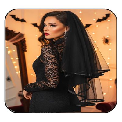 HEREAD Black Bride Wedding Veil Short 2 Tiers Waist Length Bridal Tulle Halloween Veil Hair Accessories with Comb and Ribbon Edge