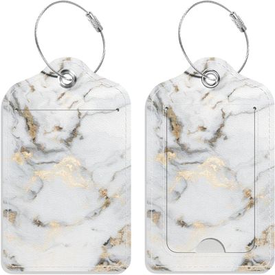 GDJEGE Luggage Tags for Suitcase, 2 Pack PU Leather Travel Cruise Luggage Tag with Privacy Flap, Name ID Label and Metal Loop for Women Men Suitcase Baggage Bag Backpack Instrument, White Gold Marble