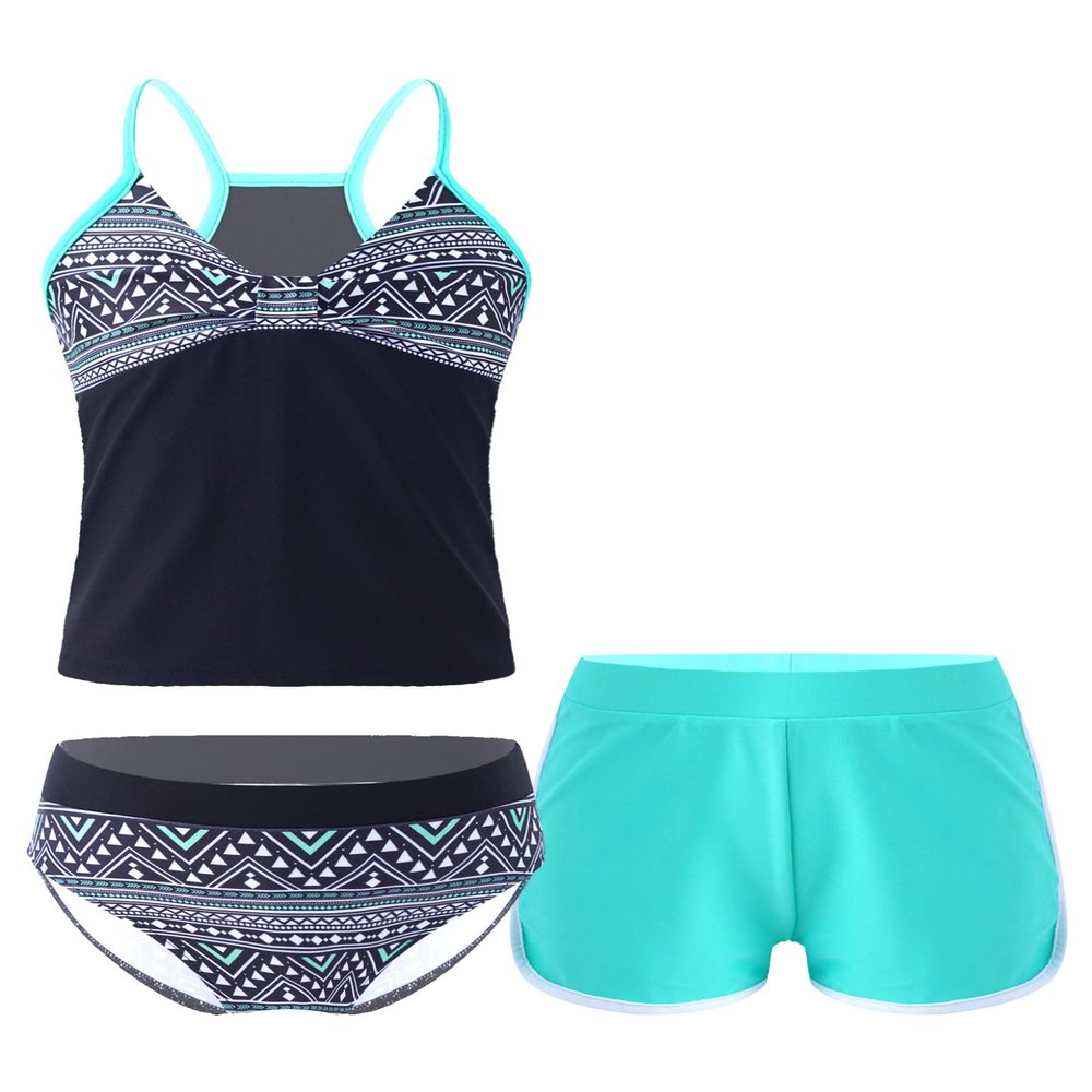 Moggemol Kids Girls 3 Piece Tankini Swimsuit Floral Print Top with Boyshorts Bottoms Bathing Suit Swimwear Aquamarine 10 Years