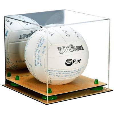 Better Display Cases Acrylic Volleyball Display Case with Mirror Case, Green Risers and Wood Base (B02/A027)