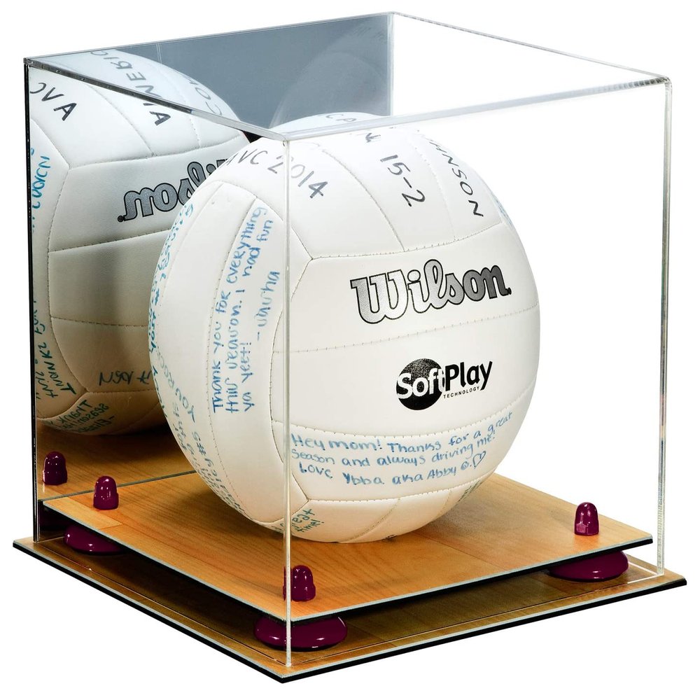 Better Display Cases Acrylic Volleyball Display Case with Mirror Case, Purple Risers and Wood Base (B02/A027)