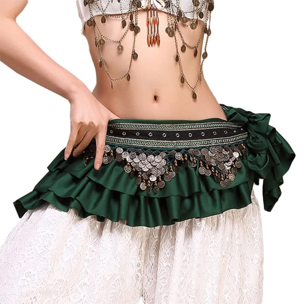 Belly Dance Waist Chain Coin Hip Scarf Dance Skirt Ethnic Performance Costume (Green)