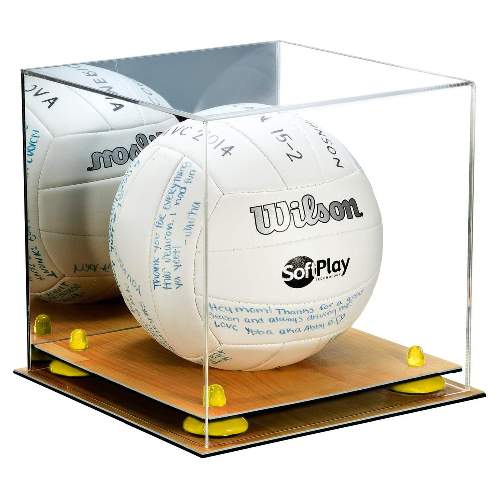 Better Display Cases Acrylic Volleyball Display Case with Mirror Case, Yellow Risers and Wood Base (B02/A027)
