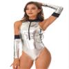 ACSUSS Womens Astronaut Cosplay Costume Shiny Leather Sleeveless Bodysuit Zipper with Oversleeve Silver Small view 2