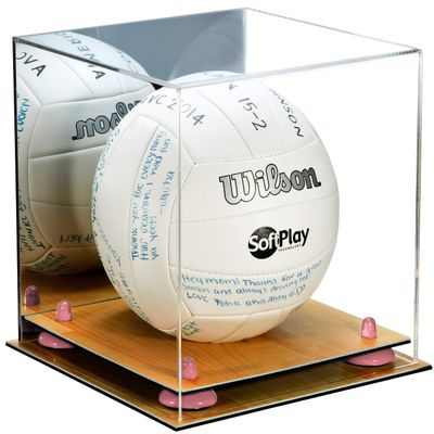 Better Display Cases Acrylic Volleyball Display Case with Mirror Case, Pink Risers and Wood Base (B02/A027)