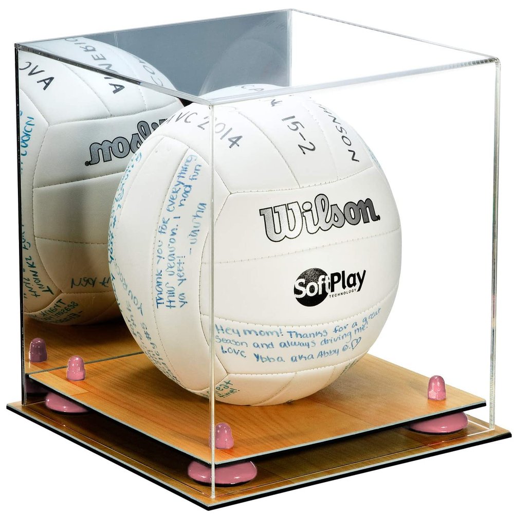 Better Display Cases Acrylic Volleyball Display Case with Mirror Case, Pink Risers and Wood Base (B02/A027)