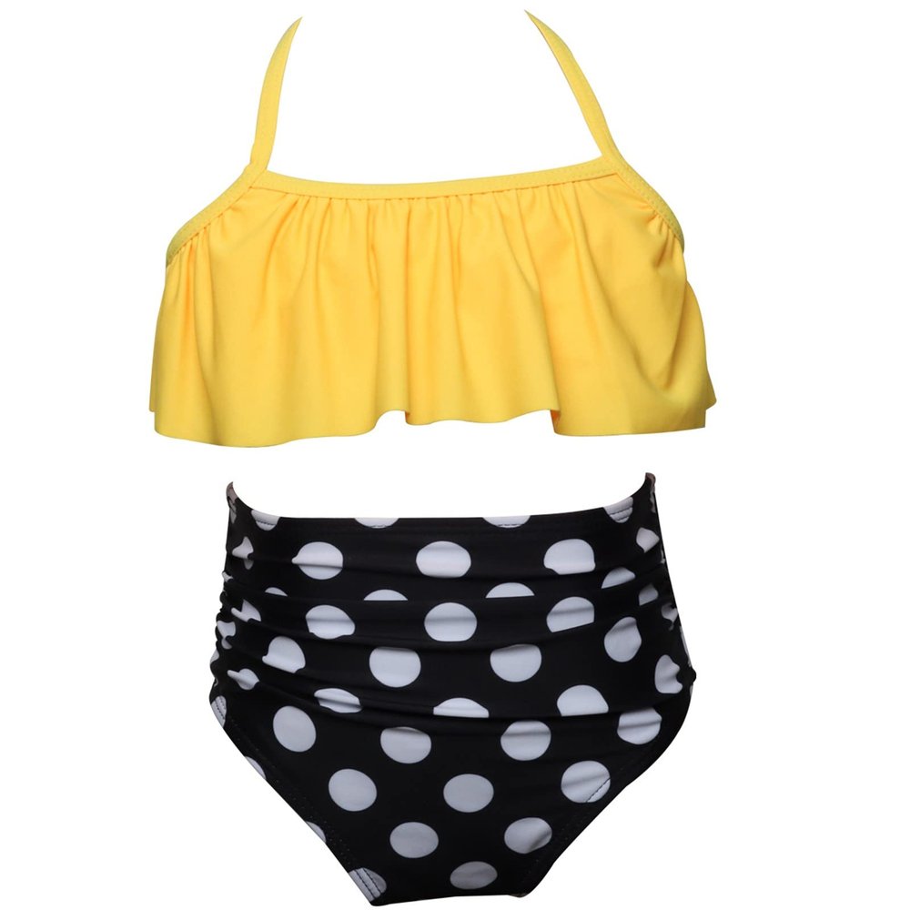 AnFeng Girls Swimsuit Two Pieces Bikini Set Girls Ruffle Floral Print Swimwear Bathing Suits Swimwear (Yellow, 2-3 Years)
