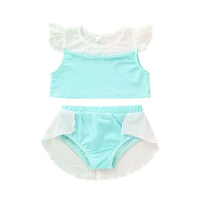 AnFeng Girls Bathing Suits Swimwear Kids Swimsuit Baby Summer Piece Girls Tulle Bikini Two Outfits Girls Swimwear (Blue, 4 Years)