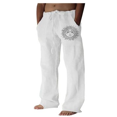 Cotton Linen Pants for Men,Retro Classic Fit Lightweight Yoga Trousers Print Loose Baggy Hipster Style Bottoms,Vacation Holiday Beachwear Y2K Hemp Sweatpants for Men(White,L)