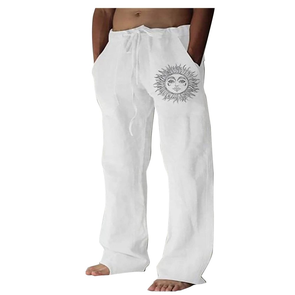 Cotton Linen Pants for Men,Retro Classic Fit Lightweight Yoga Trousers Print Loose Baggy Hipster Style Bottoms,Vacation Holiday Beachwear Y2K Hemp Sweatpants for Men(White,L)