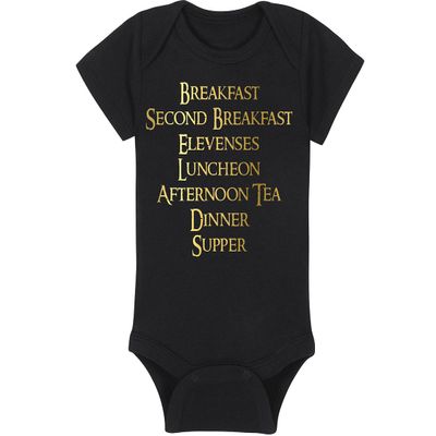 Fantasy Movie Baby Onesie - Breakfast Second Breakfast Elevenses Luncheon (12-18 Month - Black Fabric - Gold Design)