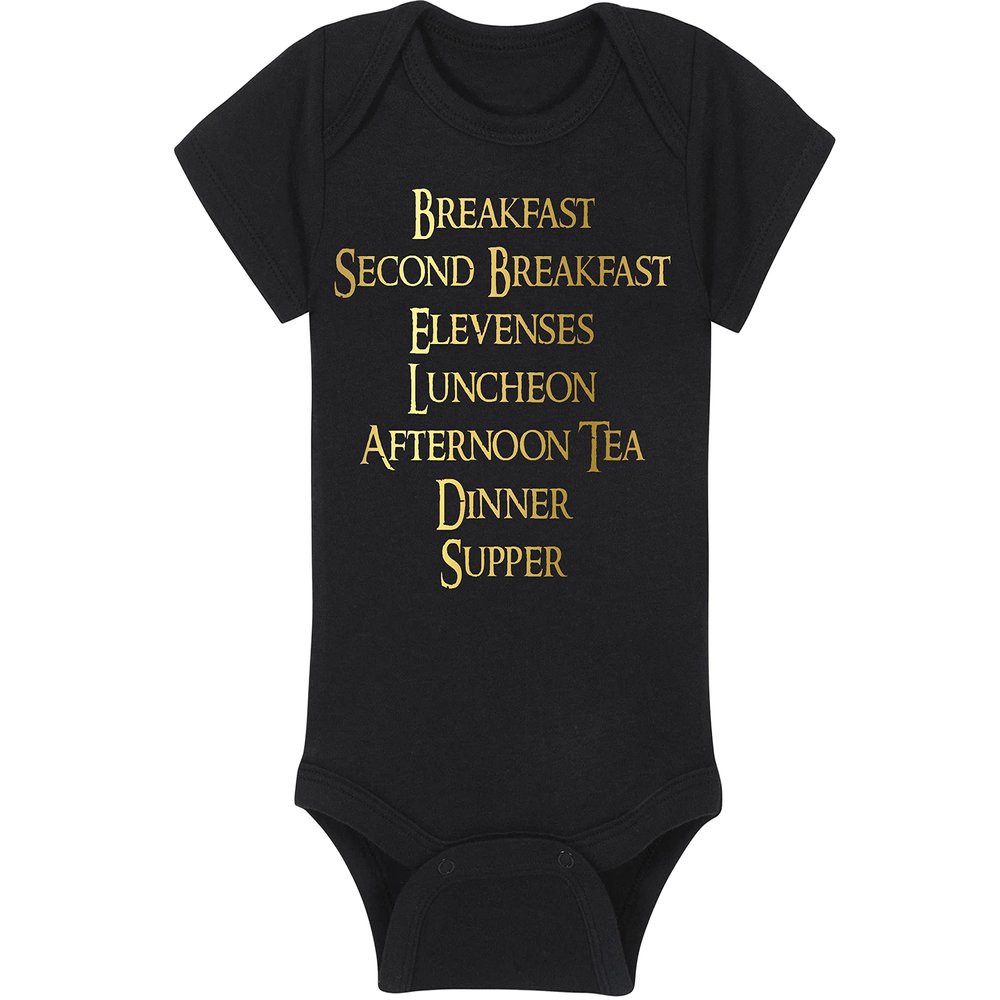 Fantasy Movie Baby Onesie - Breakfast Second Breakfast Elevenses Luncheon (12-18 Month - Black Fabric - Gold Design)