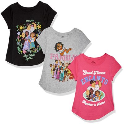 Disney Girls Encanto 3 Pack T-Shirt Bundle Set 4-16 T Shirt, Black, Heather Grey, Hot Pink, 10 12 US
