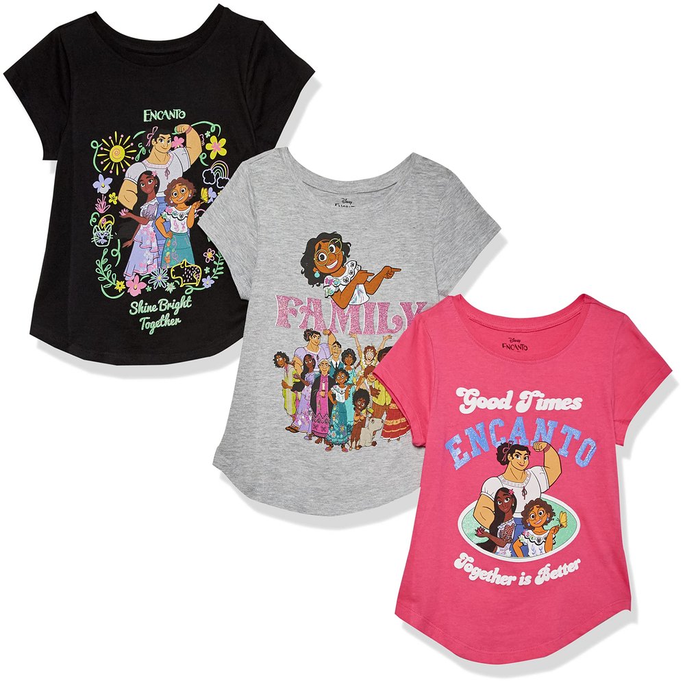 Disney Girls Encanto 3 Pack T-Shirt Bundle Set 4-16 T Shirt, Black, Heather Grey, Hot Pink, 10 12 US