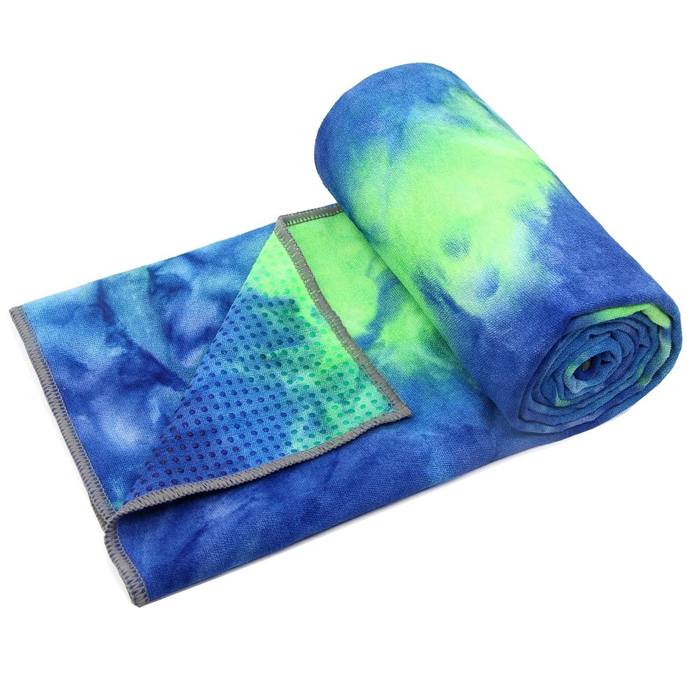 Eunzel Yoga Towel,Hot Yoga Mat Towel with Grip Dots Sweat Absorbent Non-Slip for Hot Yoga, Pilates and Workout 24" x72", Green & Blue