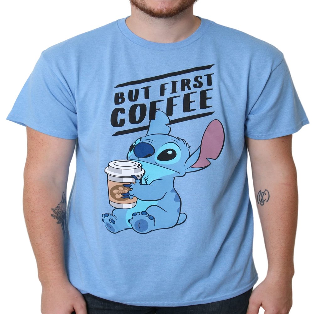 Disney Lilo and Stitch Coffee First Adult T-Shirt(XXL, Light Heather Blue)