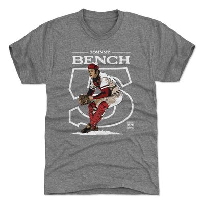500 LEVEL Johnny Bench T-Shirt (Premium Men's T-Shirt, XX-Large, Tri Gray) - Johnny Bench Outline W WHT
