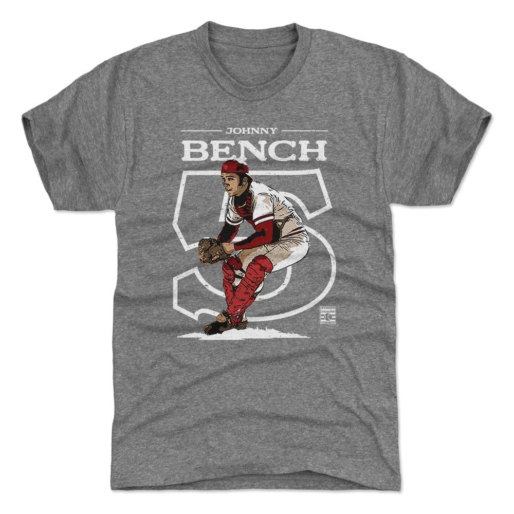 500 LEVEL Johnny Bench T-Shirt (Premium Men's T-Shirt, XX-Large, Tri Gray) - Johnny Bench Outline W WHT