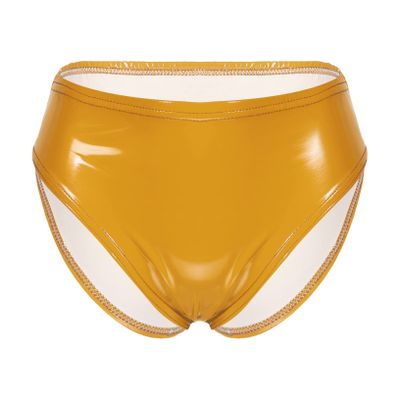 ACSUSS Women Shiny Sexy Shorts Pole Dance Club Shorts Rave Booty Shorts Latex High Cut Bottoms Yellow Large
