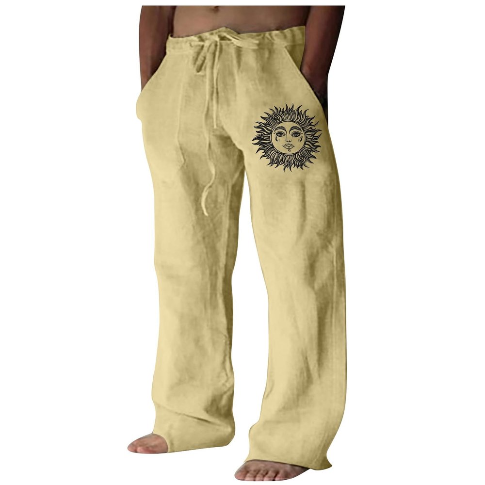 Cotton Linen Pants for Men,Retro Classic Fit Lightweight Yoga Trousers Print Loose Baggy Hipster Style Bottoms,Vacation Holiday Beachwear Y2K Hemp Sweatpants for Men(Khaki,S)