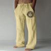 Cotton Linen Pants for Men,Retro Classic Fit Lightweight Yoga Trousers Print Loose Baggy Hipster Style Bottoms,Vacation Holiday Beachwear Y2K Hemp Sweatpants for Men(Khaki,S) view 2