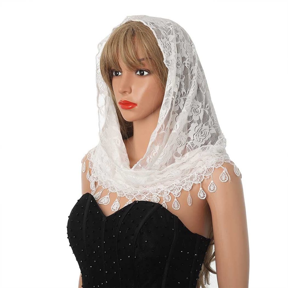 Aularso Lace Triangle Scarf Ligthweight Floral Scarf Tassel White Shawl Mantilla Soft Tulle Embroidered Church Veil Wrap for Women (White)