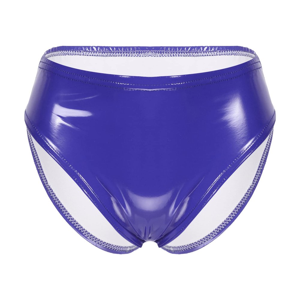 QinCiao Women's Shiny Latex Wet Look Booty Shorts High Waisted Zipper Crotch Cheeky Hot Pants Shiny Blue XX-Large