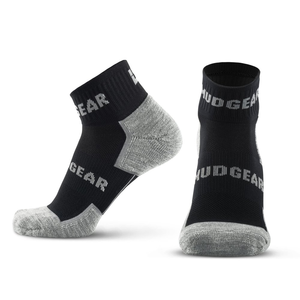 MudGear Quarter Length Trail Running Socks - Merino-Wool Hiking Sock for Women and Men for Sport, Gym, Running, Basketball, Football, Military, Work etc. - 1-Pair Large Black Cushioned Athletic Socks