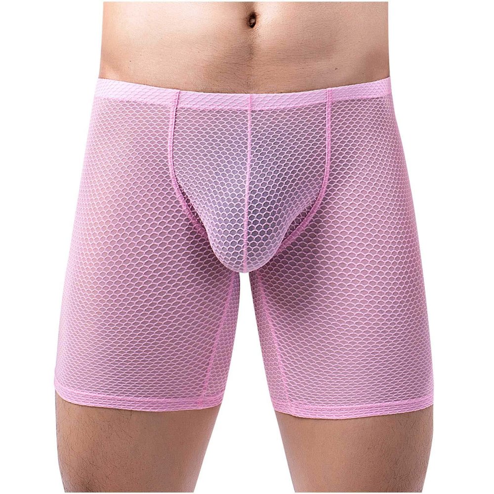 Ctreela Men's Mesh Long Boxer Briefs Sexy Breathable Underwear See-Through Trunks Low Rise Knickers Fishnet Panties Pink