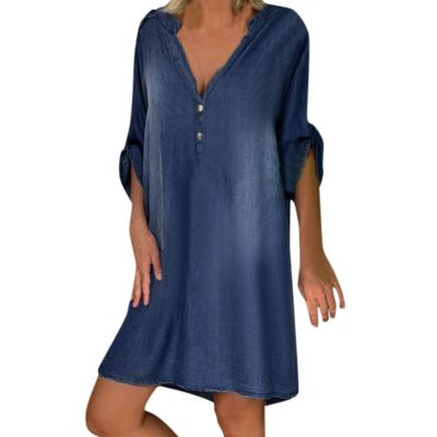 NaRHbrg Summer Denim Shirt Dresses for Womens Short Sleeve Loose Jean Midi Dress Button Down Casual Shift Dress Tunic Top