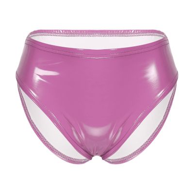 QinCiao Women's Shiny Latex Wet Look Booty Shorts High Waisted Zipper Crotch Cheeky Hot Pants Shiny Hot Pink Medium