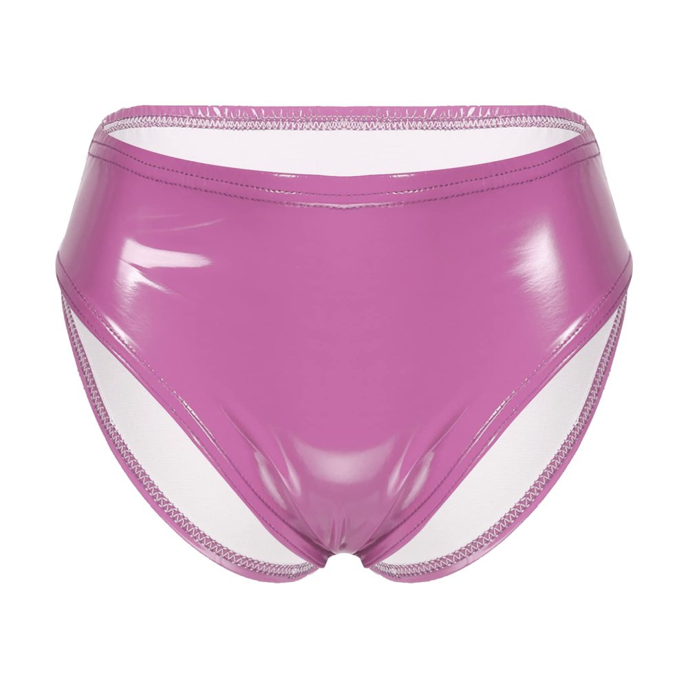 QinCiao Women's Shiny Latex Wet Look Booty Shorts High Waisted Zipper Crotch Cheeky Hot Pants Shiny Hot Pink Medium