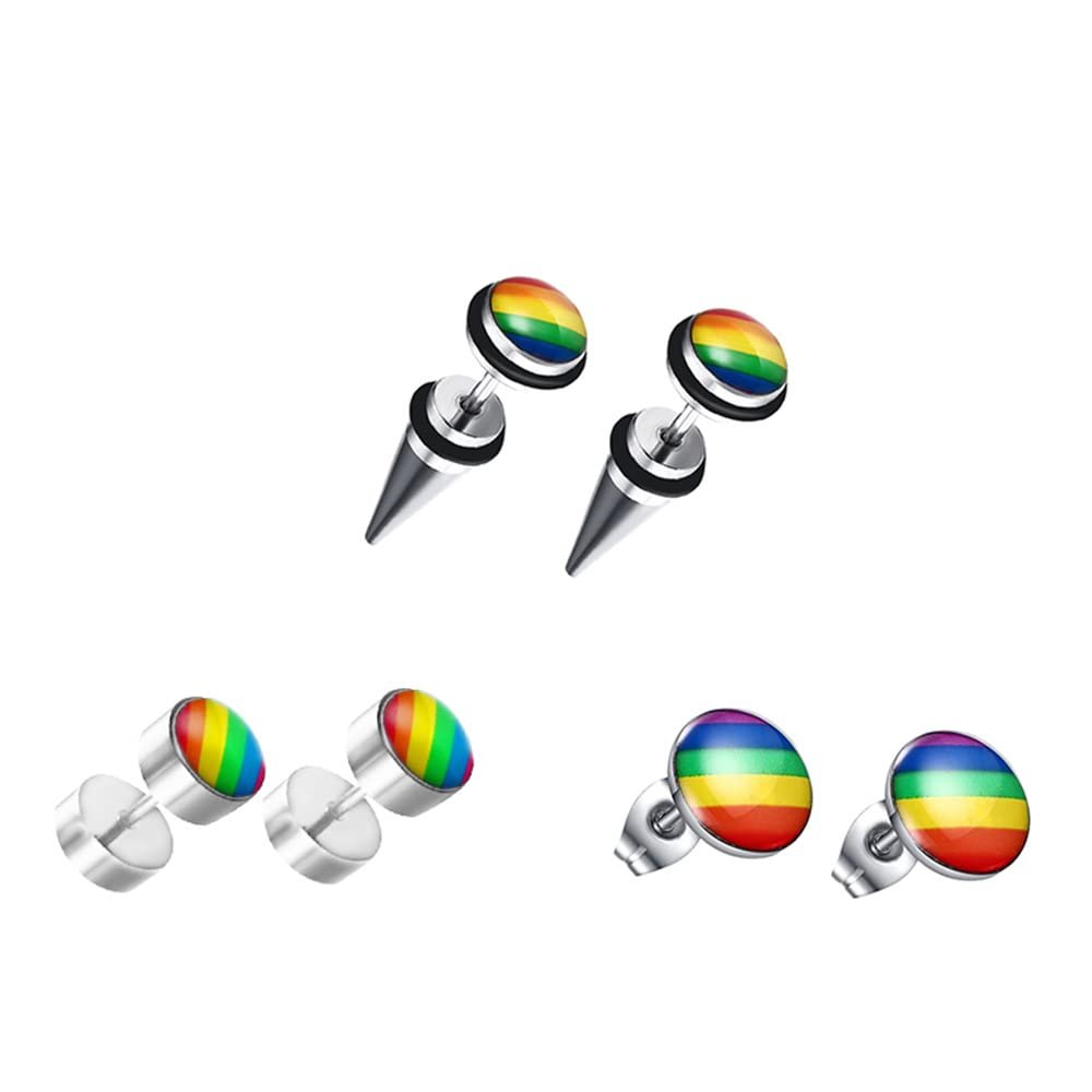3 Pairs Rainbow Gay Lesbian Pride Round Stud Earrings Set 316L Stainless Steel Love is Love Spike Screw On for Couple Unisex Ear Piercing Jewelry