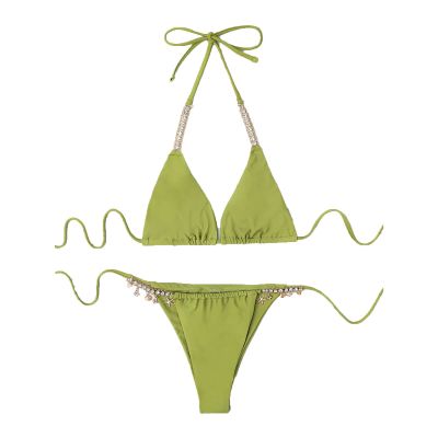 Women'S Metallic Halter Top Chain Linked High Cut Thong Split Swimsuit Tie Side Triangle Bikini Two Piece Swimsuit (Large,Green 2)